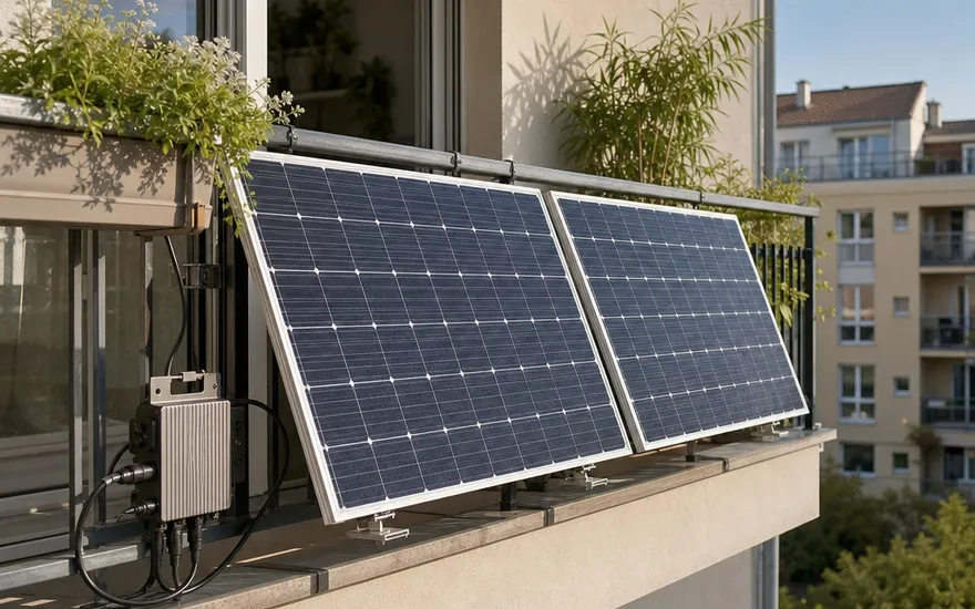 Balkonkraftwerk am Balkongeländer eines Mehrfamilienhauses – Stecker-Solaranlage mit Mikro-Wechselrichter für Mieter