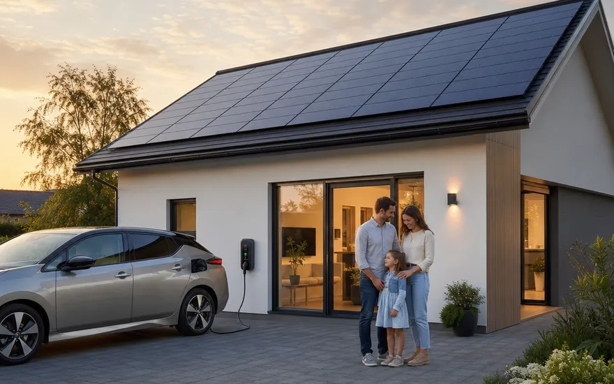 Fertighaus-Neubau mit Photovoltaik-Volldach und Wallbox fürs E-Auto – Solaranlage von Anfang an mitgeplant
