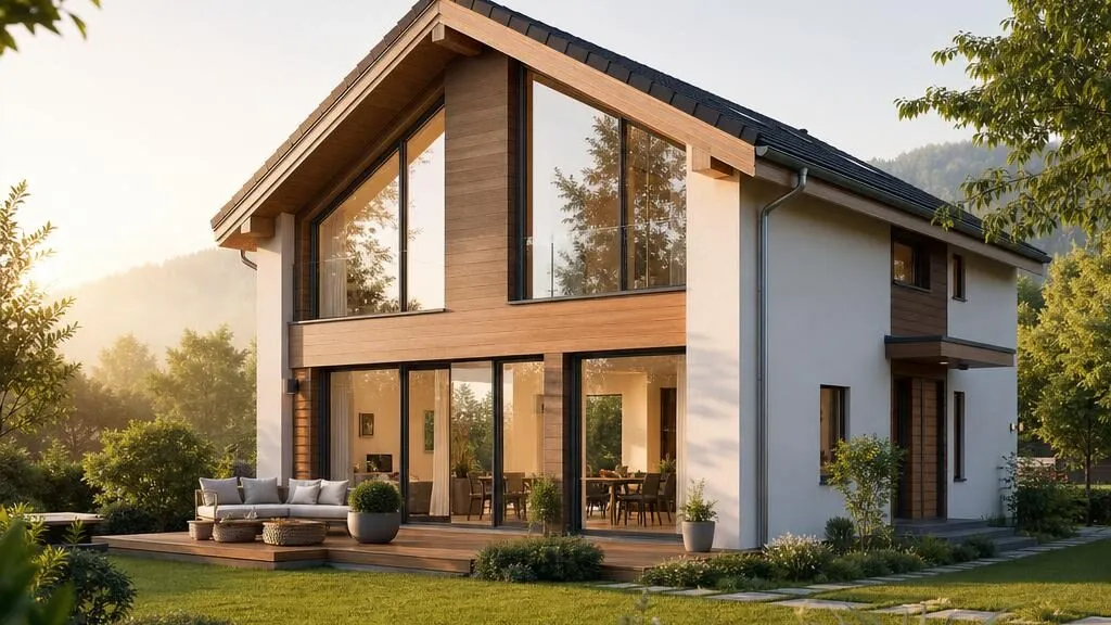 Fertig Haus in der Abenddämmerung: moderne Fassade mit viel Glas Neu gebautes Fertighaus mit Holz-Putz-Fassade und großen Glasflächen im warmen Abendlicht – Hausbau-Inspiration auf fertighausportal.com