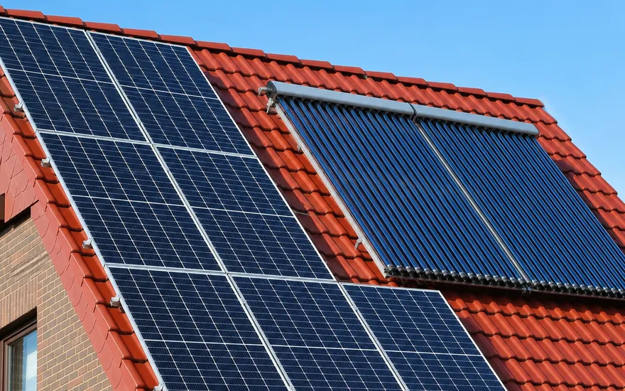 Photovoltaik-Module und Solarthermie-Kollektoren gemeinsam auf einem Ziegeldach – Strom und Wärme von der Sonne