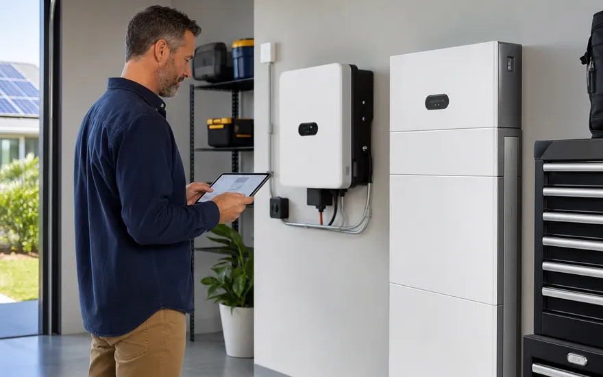 PV-Anlage mit Speicher: Stromspeicher und Wechselrichter im Hauswirtschaftsraum, Hausbesitzer prüft Solarertrag per App